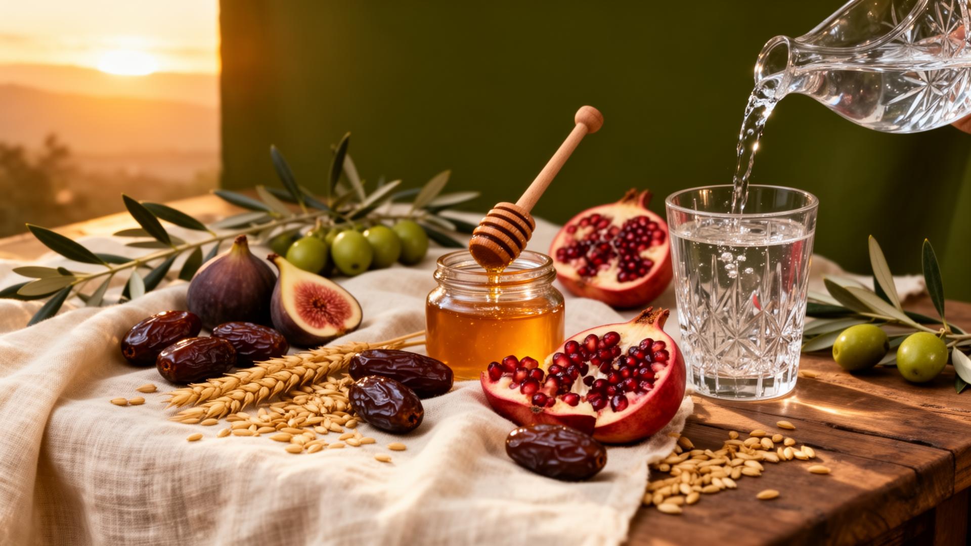 A warm table with water, dates, olives, honey, grains, and fruits around an open book.
